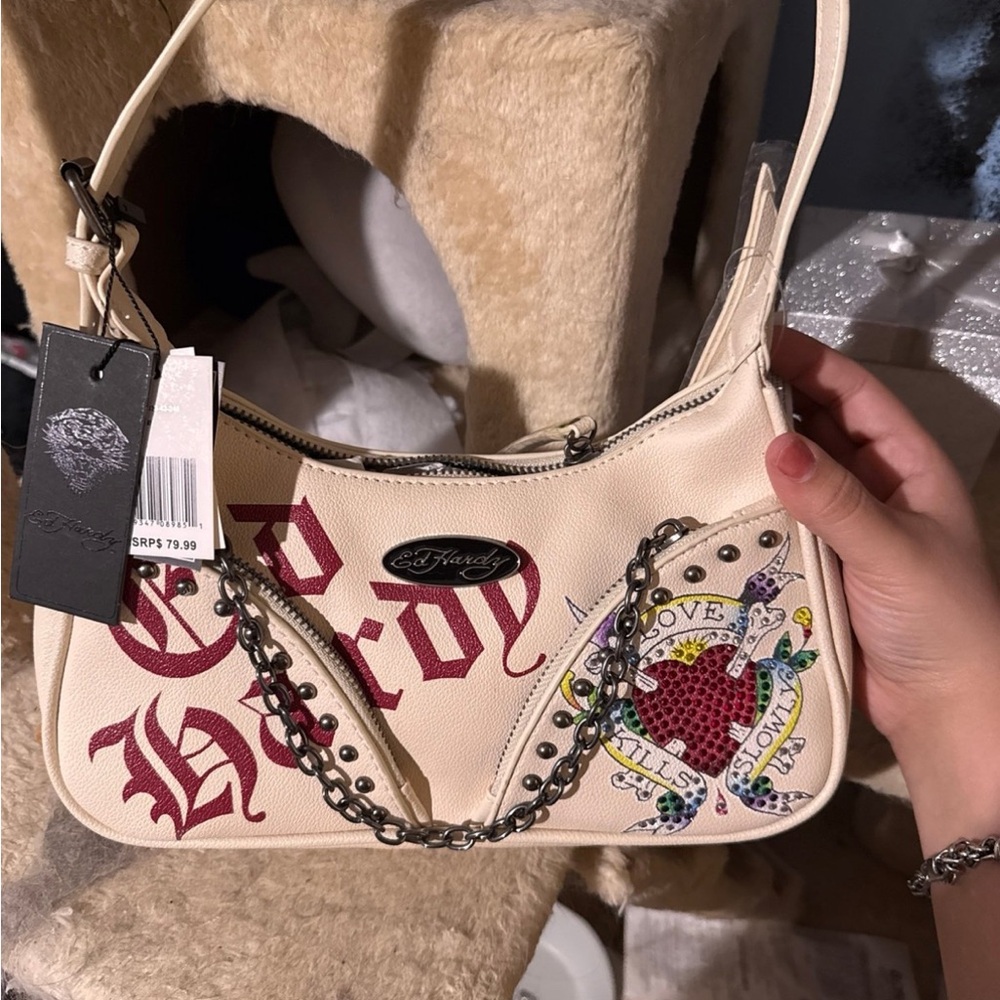 Ed Hardy Beige Shoulder Bag with Chain and Tattoo Design